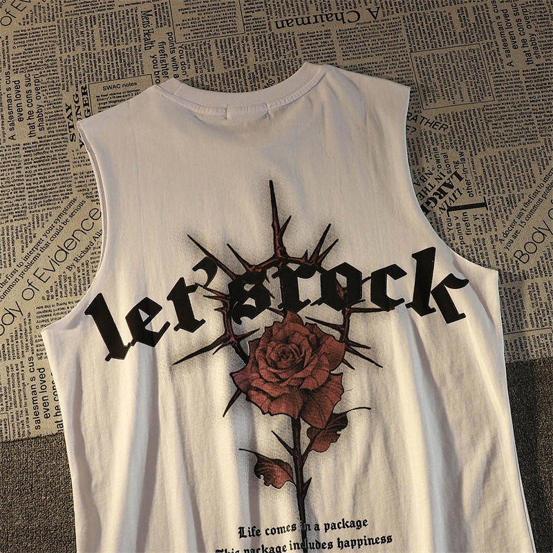 American Fashion Brand Retro Rose Cotton Vest Men's Loose Outer Wear Ins Street Style Sleeveless T-shirt Sports Top XCUU