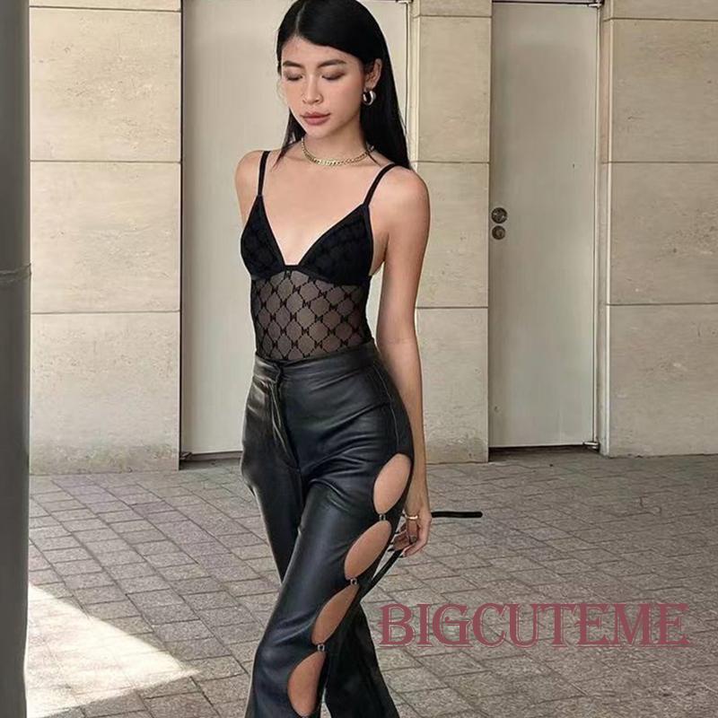 Bộ Áo Liền Quần Cổ Chữ V Không Tay Phối Lưới Kẻ Sọc Màu Đen Thời Trang Mùa Hè Cho Nữ