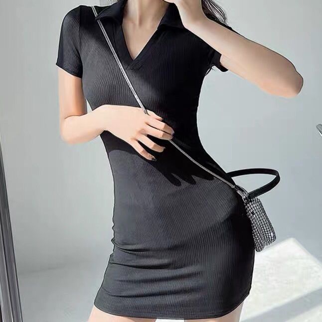 Đầm Tay Ngắn Cổ Chữ V Màu Trơn Thời Trang Mùa Hè Mới 2023 Dành Cho Nữ