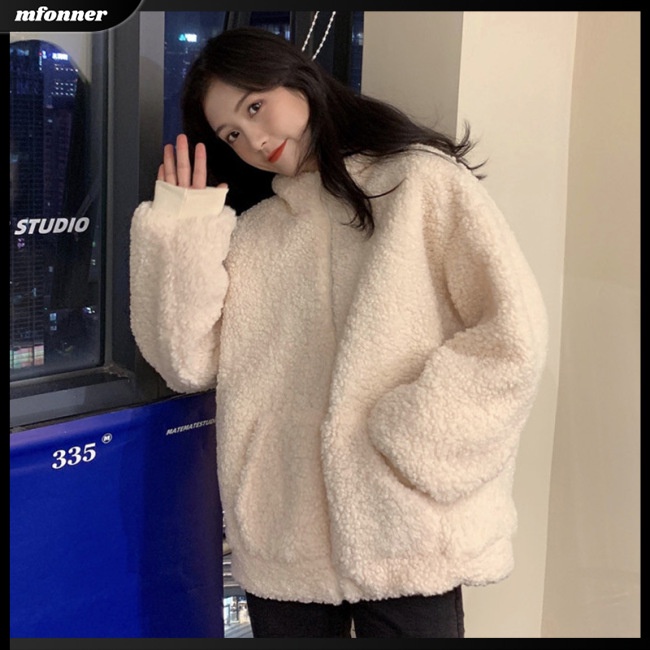 Áo Khoác Dáng Rộng Màu Trơn Phối Lông Ấm Áp Dễ Thương Cho Nữ