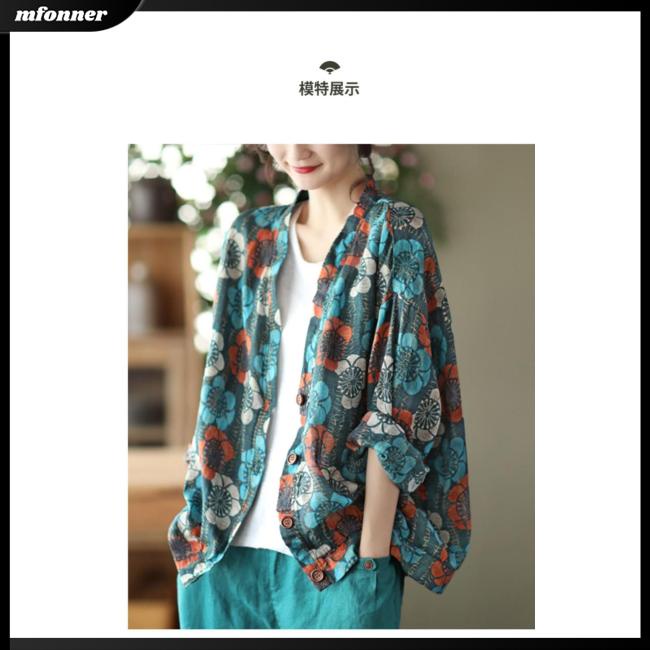 Áo Sơ Mi Tay Dài Cổ Chữ V Dáng Rộng Vải Lanh In Họa Tiết Thời Trang Cho Nữ