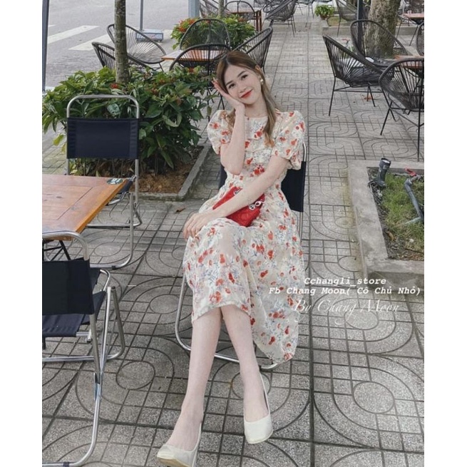 VÁY HOA LI TƠ NỔI TAY BỒNG Chanh xả đẳng cấp Mầu hoa cam độc đáo, đẹp - lạ, chất tơ nổi xịn xò cao cấp (XOAI)