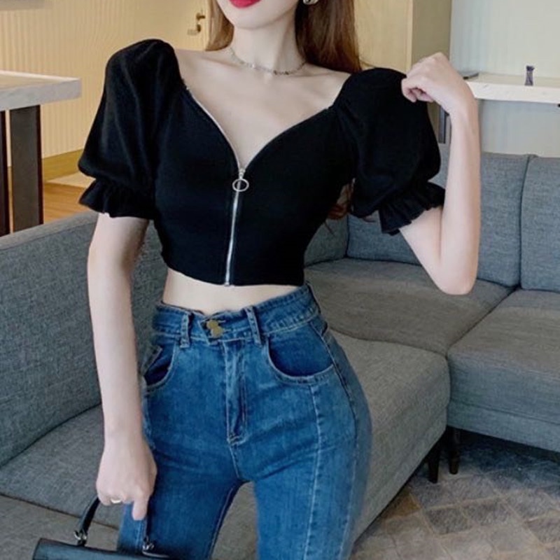 Nzn Áo Thun crop top Tay Ngắn Phồng Cổ Chữ V Gợi Cảm Thời Trang Cho Nữ