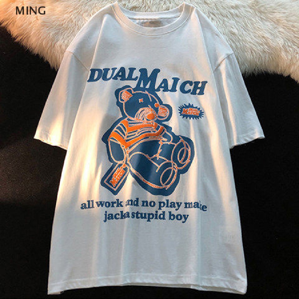 Áo Thun Tay Ngắn Cổ Tròn Dáng Rộng In Hình Gấu Kiểu Retro Mỹ Xinh Xắn Cho Nữ