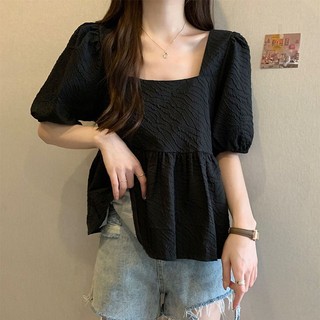 Áo thun nữ tay bồng cổ vuông viền bèo kiểu pháp