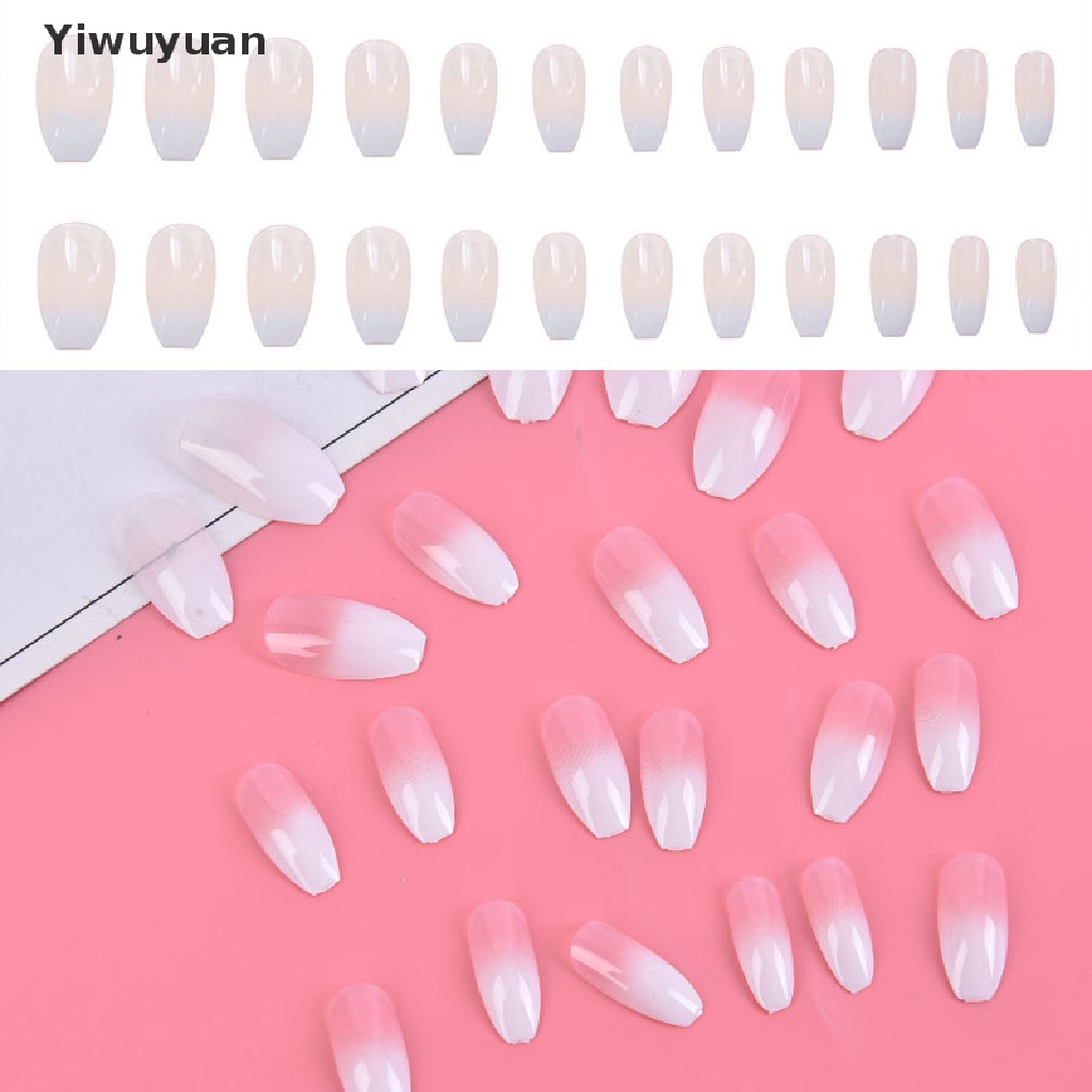 < Yiwuyuan > Keo Dán Móng Tay Giả Acrylic Màu Trắng Gradient Kiểu Pháp
