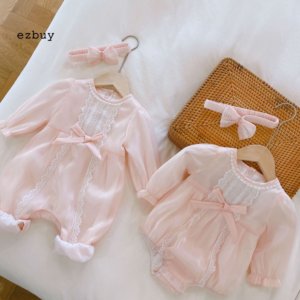 Bộ 2 Món Áo Liền Quần + Băng Đô Nơ Dễ Thương Cho Bé Gái