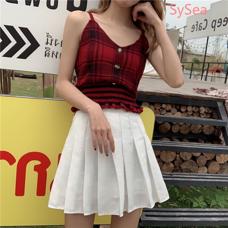 Áo Hai Dây Dệt Kim Cổ Chữ V Xếp Ly Thời Trang Mùa Hè Cho Nữ