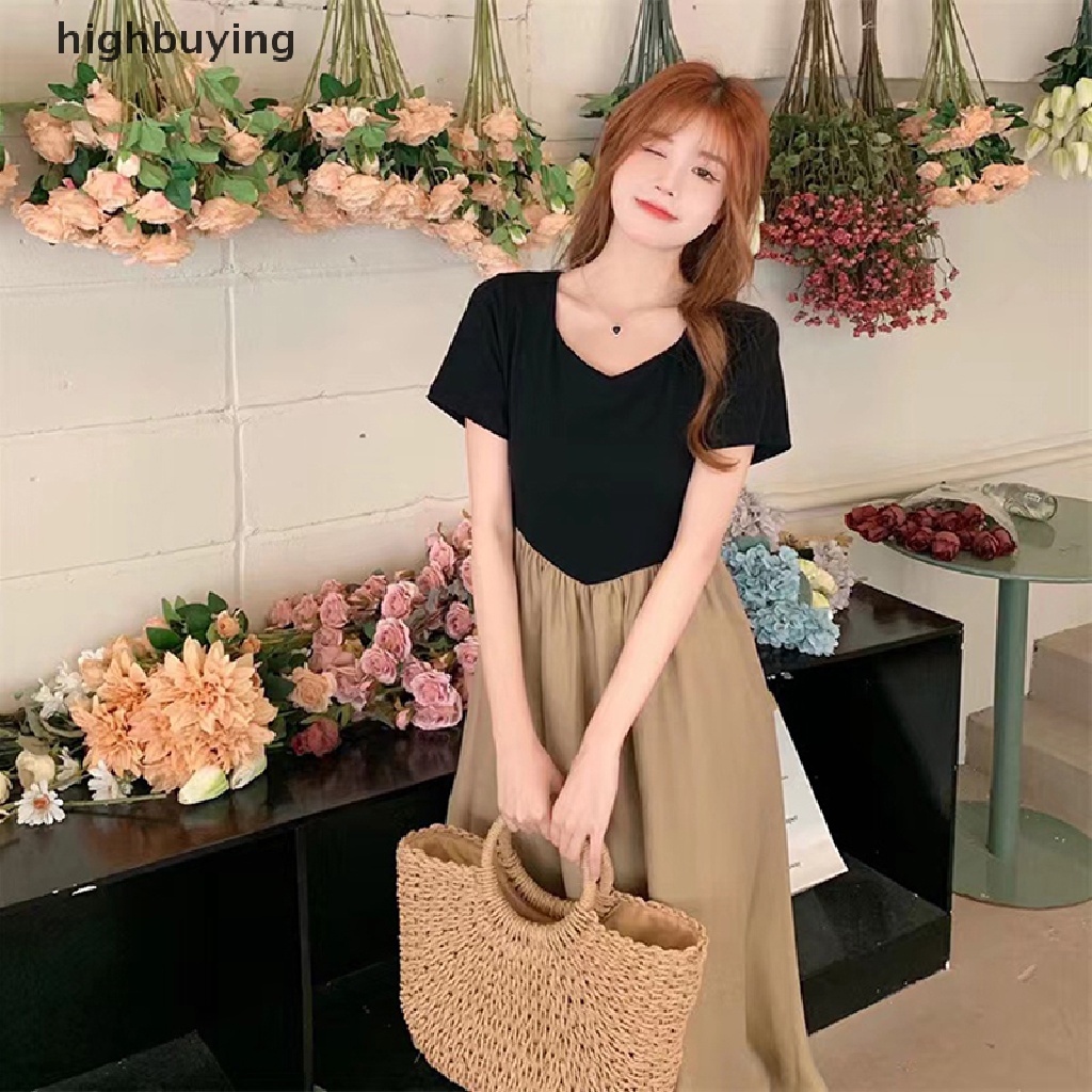 Đầm Midi Tay Ngắn Eo Cao Thời Trang Mùa Hè Hàn Quốc 2023 Cho Nữ