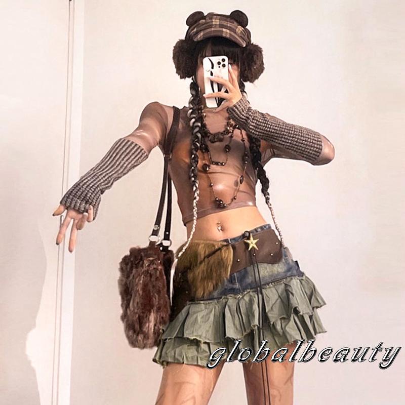 Áo Crop Top Tay Dài Cổ Tròn In Màu Nhuộm Phối Lưới Thời Trang Cho Bạn Gái