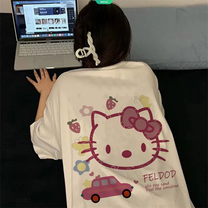 Áo Thun Cotton Tay Ngắn In Hình Mèo Sanrio Katy Thời Trang Mùa Hè 2023