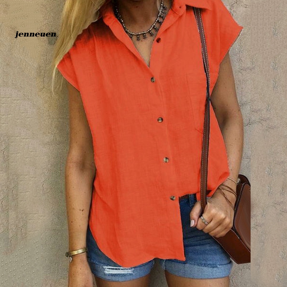 Áo Sơ Mi Tay Ngắn Cổ Bẻ Cài Nút Màu Trơn Đơn Giản Dành Cho Nữ