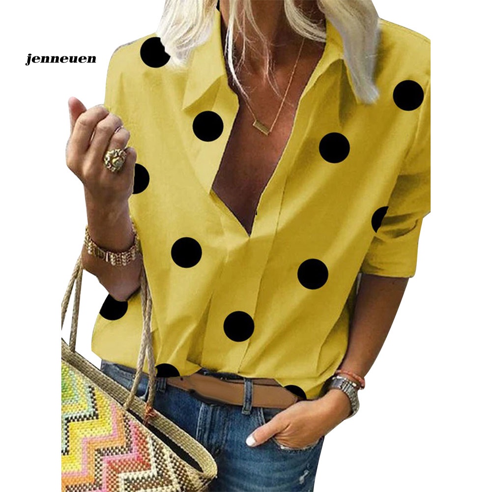 Áo Sơ Mi Tay Dài Cổ Bẻ Họa Tiết Chấm Bi Thời Trang Công Sở