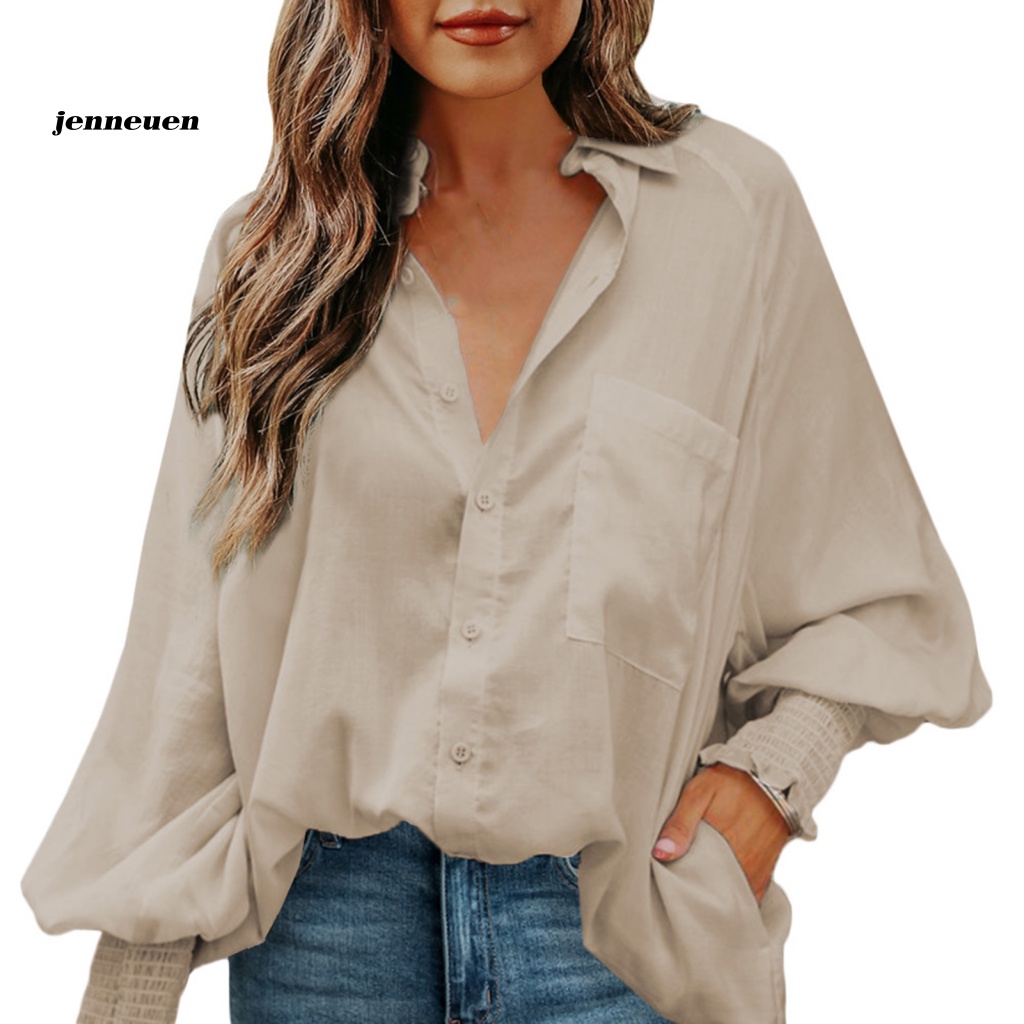 Jen Áo Sơ Mi Tay Phồng Màu Trơn Thanh Lịch Thư Giãn Vừa Vặn Đường Phố Cho Nữ