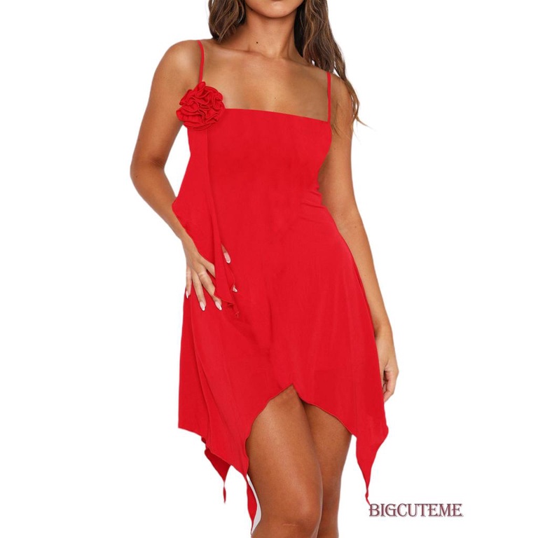 [] - Đầm Hai Dây Màu Trơn Họa Tiết Hoa Hai Dây Viền Độc Đáo Hở Lưng Màu Đỏ / Đen / Trắng Mùa Hè Cho Nữ