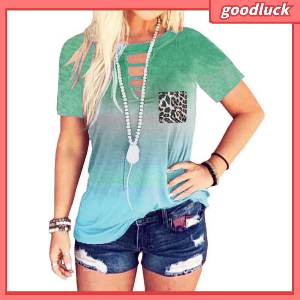 Áo Thun Ngắn Tay Cổ Tròn Màu Gradient Thời Trang Cho Nữ