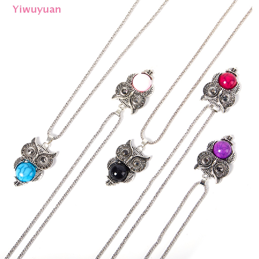 < Yiwuyuan > Bộ Trang Sức Vòng Cổ / Vòng Tay / Bông Tai Hình Cú Mèo Đính Đá Ngọc Lam Phong Cách Vintage