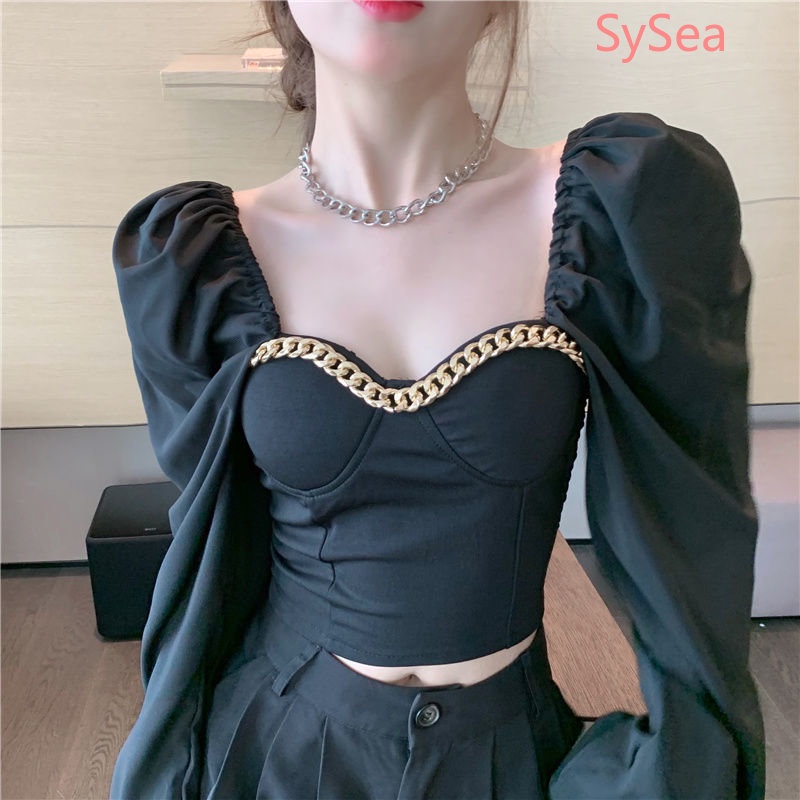 Áo Kiểu Tay Phồng Cổ Vuông Phối Dây Xích Phong Cách Hàn Quốc