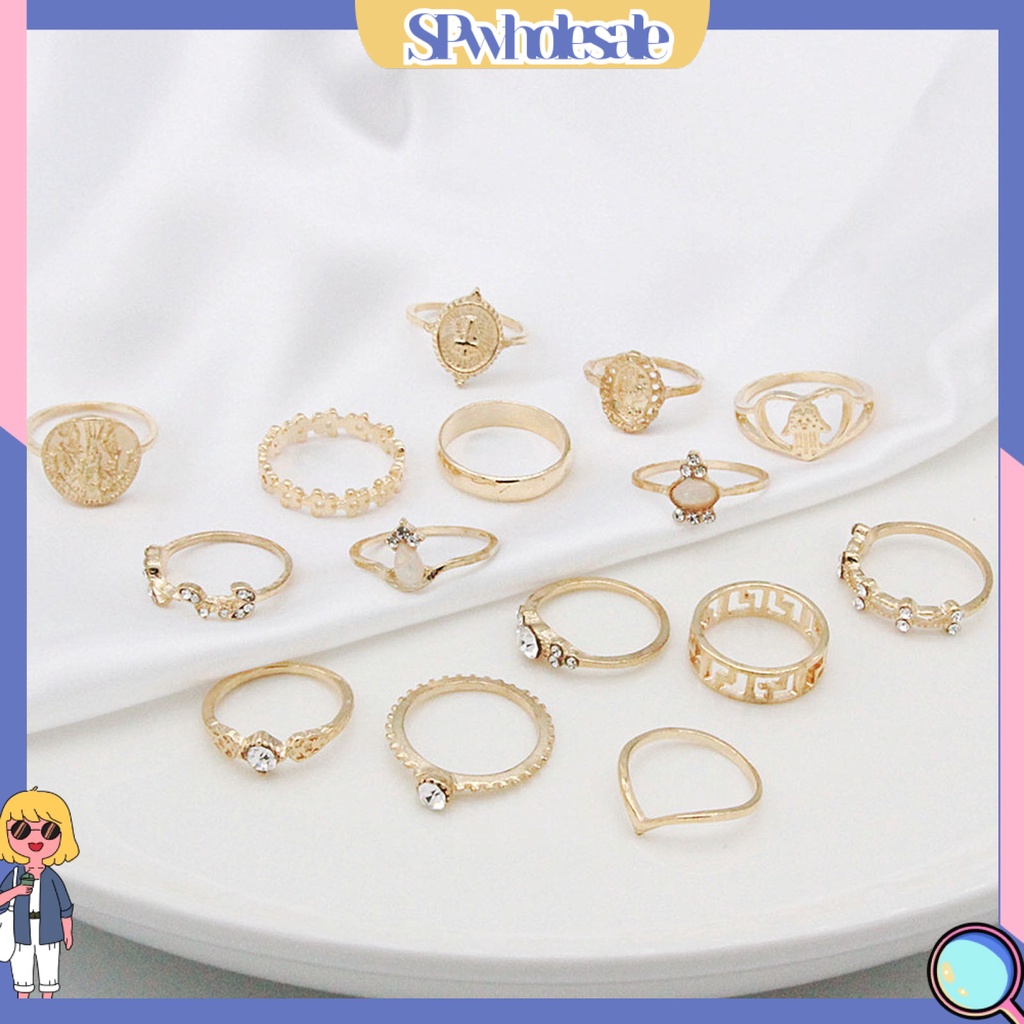 &lt;SPwholesale&gt; Bộ 15 Nhẫn Hợp Kim Đính Pha Lê Giả Hình Trái Tim Nghệ Thuật Thời Trang Hàng Ngày &lt; Spwholeale &gt;