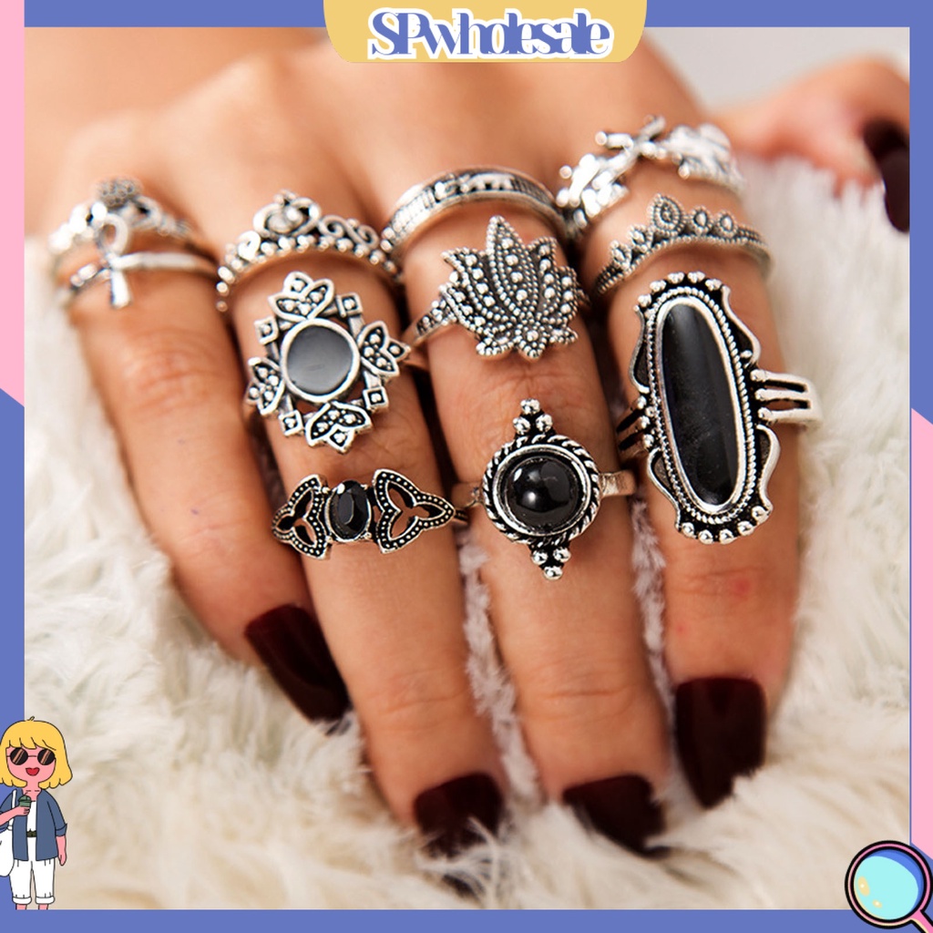 <SPwholesale> Bộ 11 Nhẫn Hợp Kim Đính Đá Nhân Tạo Màu Đen Phong Cách Bohemian