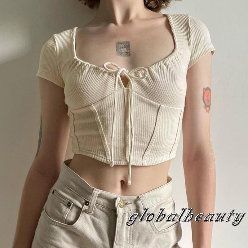 Áo Thun Croptop Tay Ngắn Dáng Ôm Thiết Kế Cắt Thấp Thời Trang Mùa Hè Cá Tính Cho Nữ