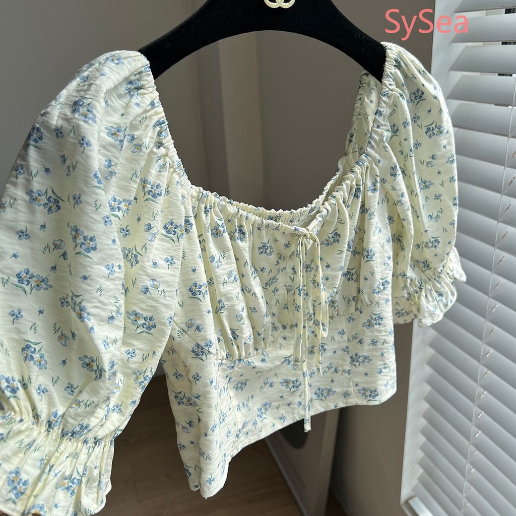 Áo Kiểu Tay Phồng Cổ Vuông Họa Tiết Hoa Phong Cách Pháp