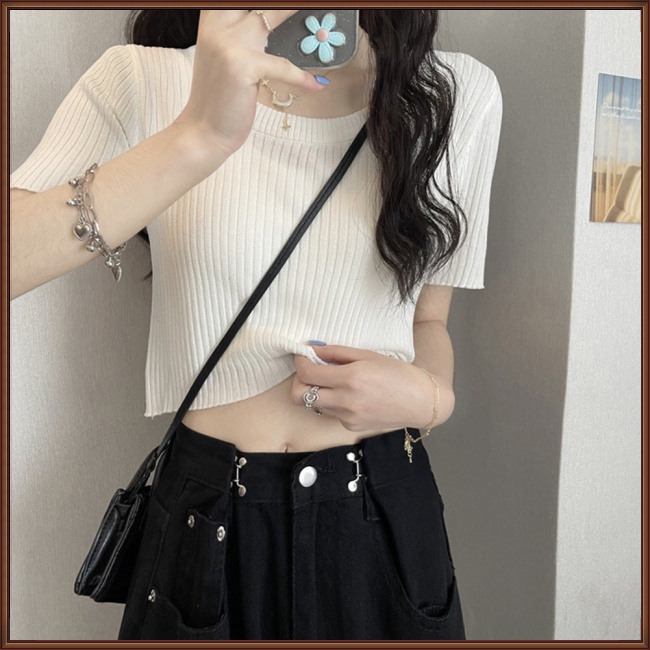Áo Croptop Dệt Kim Mỏng Tay Ngắn Màu Trơn Thời Trang Mùa Hè Cho Nữ