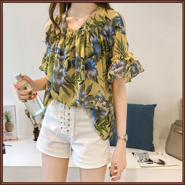 Áo Sơ Mi Chiffon Tay Loe Cổ Chữ V Dáng Rộng In Họa Tiết Thời Trang Cho Nữ