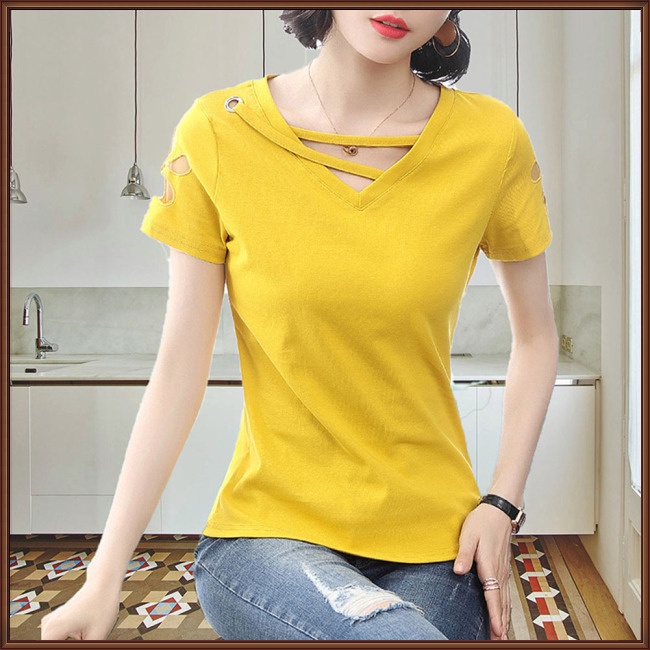 Áo Thun Tay Ngắn Cổ Chữ V Màu Sắc Thời Trang Dành Cho Nữ