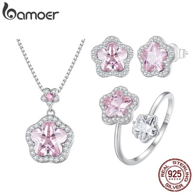 Set Vòng cổ + Nhẫn + Bông Tai bạc 925 Hình Hoa Hồng Thời Trang