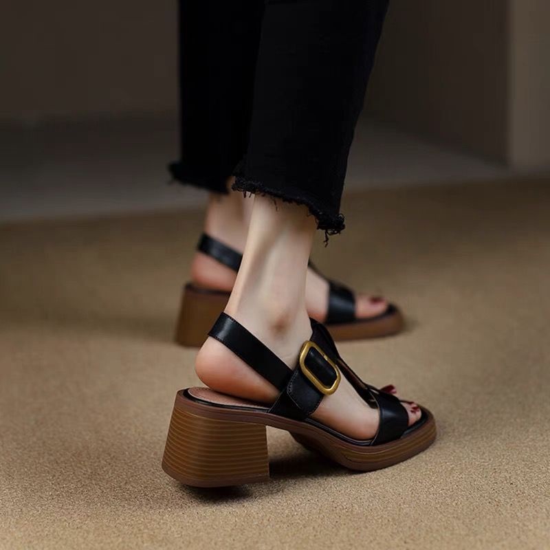 Giày Sandal Gót Dày Mũi Vuông Bằng Da Thật Chống Nước Phong Cách Retro Cho Nữ
