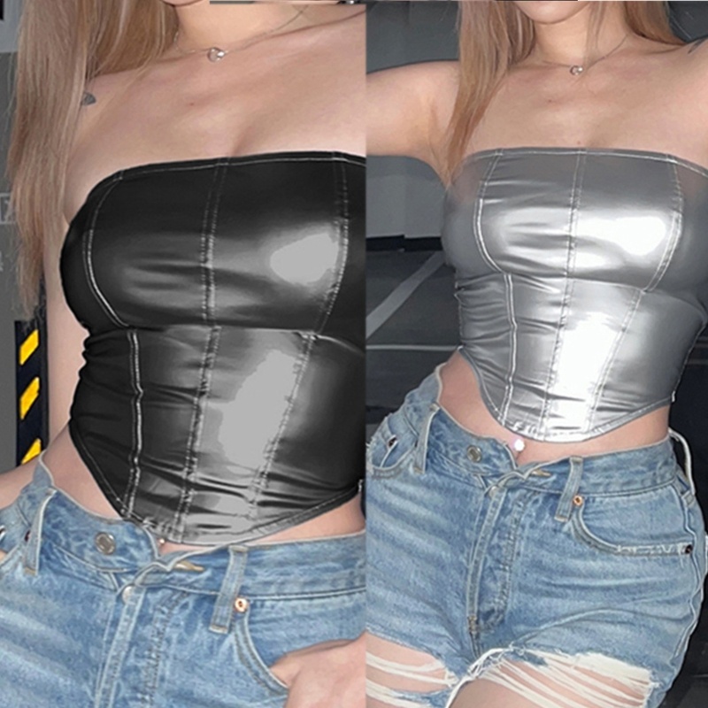 Áo Croptop Da PU Không Dây Ôm Dáng Màu Ánh Kim Lấp Lánh Cho Nữ
