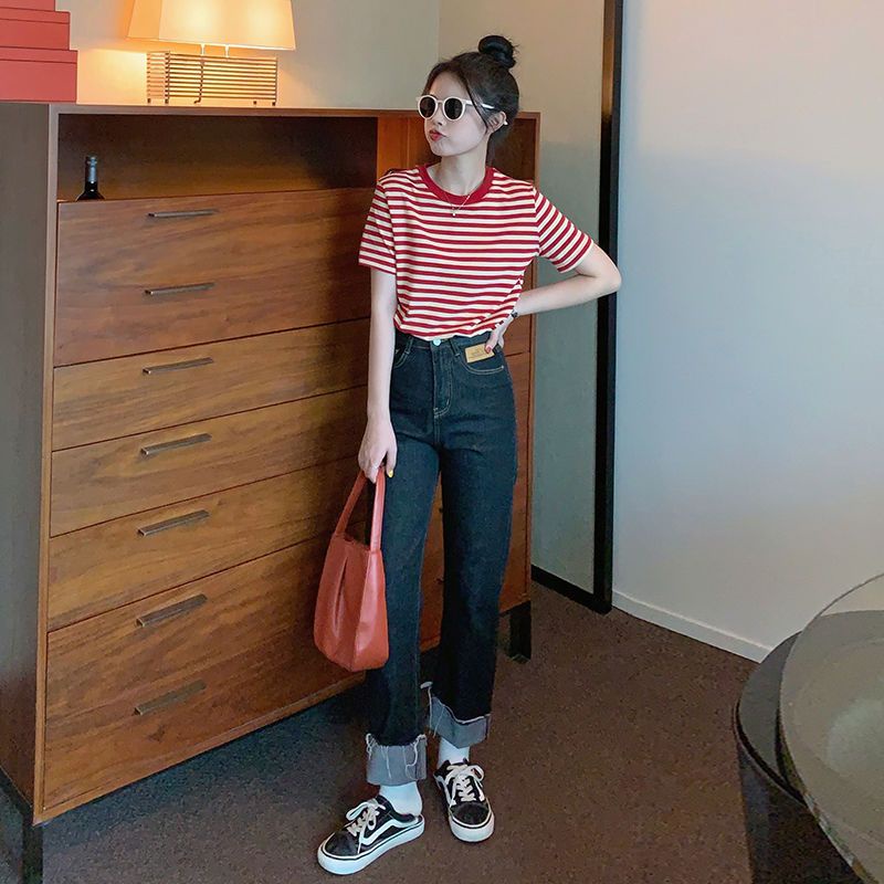 Áo Thun Ngắn Tay Cổ Tròn Dáng Rộng Họa Tiết Kẻ Sọc Thời Trang Mùa Hè 2023 Mới