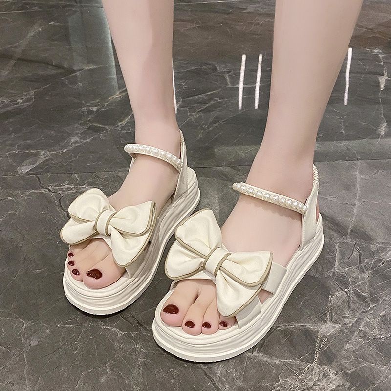 Giày Sandal Đế Dày Hở Ngón Quai Đính Nơ Ngọc Trai Thời Trang Mùa Hè 2023 Phong Cách Roman Cho Nữ