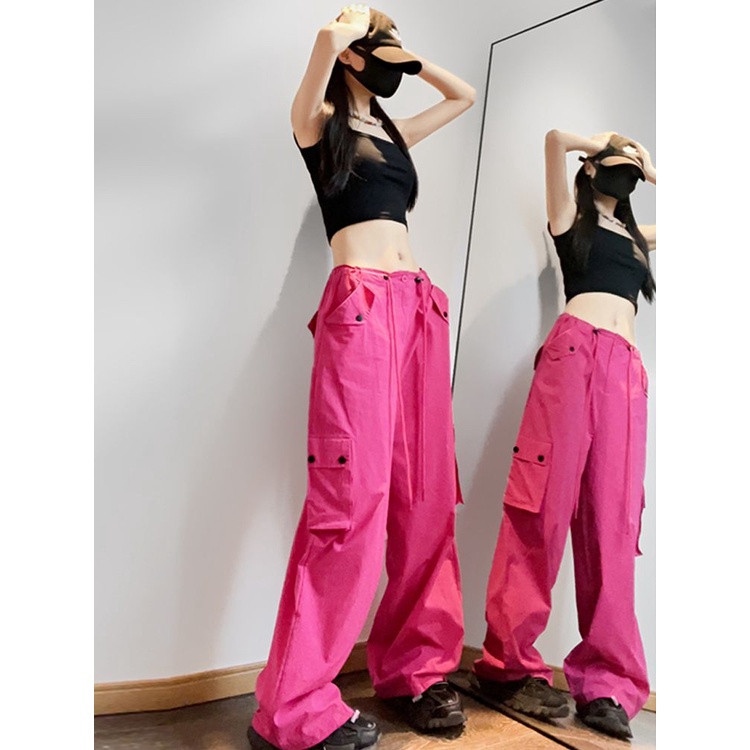 Quần Yếm Ống Rộng Lưng Cao Màu Đỏ Hồng Thời Trang Mùa Hè Cho Nữ