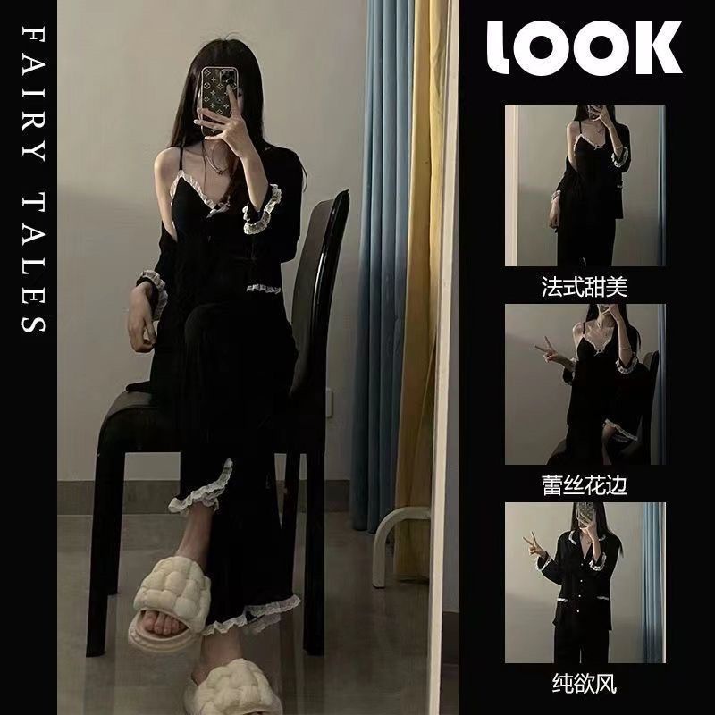 Bộ Đồ Ngủ Hai Dây Có Đệm Ngực Đơn Giản Chất Lượng Cao Phong Cách Pháp Ngọt Ngào Thời Trang Xuân Thu Cho Nữ