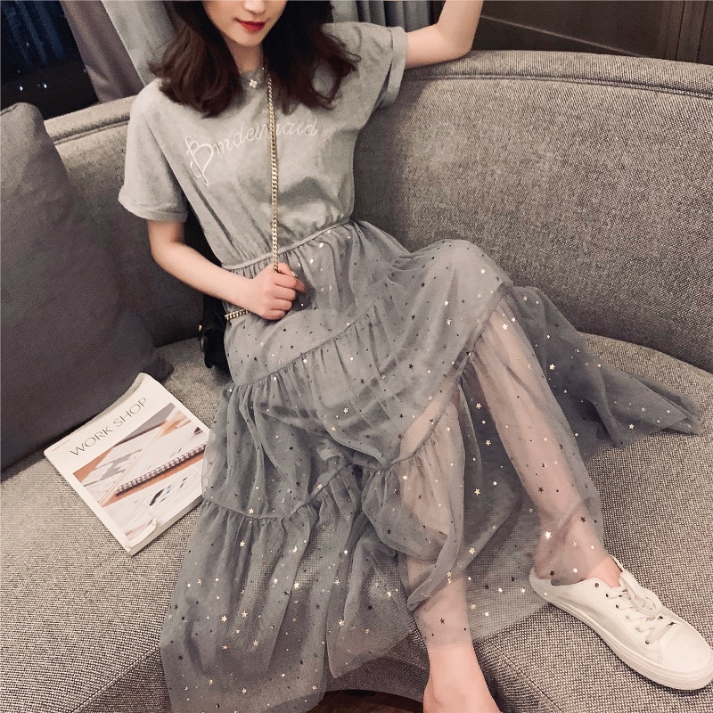 Liên Kết Với Nhau ✿ Đầm midi Chữ a Tay Ngắn Dáng Rộng Phối Lưới Phong Cách Hàn Quốc Thời Trang Cho Nữ
