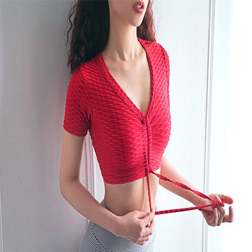 Áo Thun Thể Thao Ngắn Tay Ôm Dáng Co Giãn Tốt Phối Dây Rút Quyến Rũ Cho Nữ
