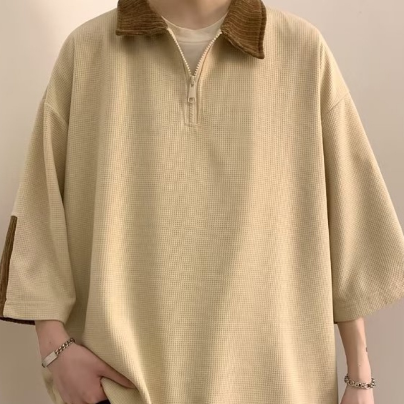 Áo Thun polo Tay Ngắn Có Khóa Kéo Màu Sắc Tương Phản Phong Cách Đường Phố Mỹ Thời Trang Mùa Hè Cho Nam