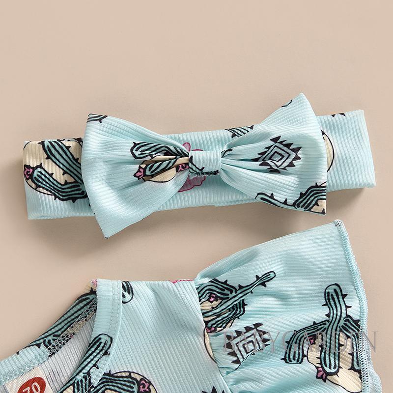 Bộ Áo Liền Quần Cổ Tròn Tay Bay In Hình Xương Rồng / Bò Sữa + Băng Đô Cài Tóc Thời Trang Mùa Hè Cho Bé Gái 0 -