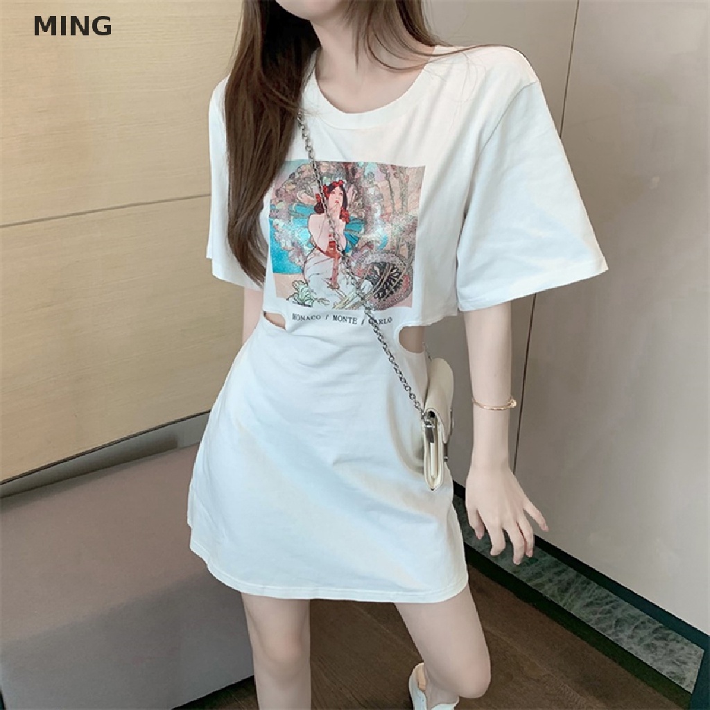 Đầm Mini Chữ A Tay Ngắn Khoét Lỗ In Họa Tiết Phong Cách Hàn Quốc Thời Trang Mùa Hè Cho Nữ