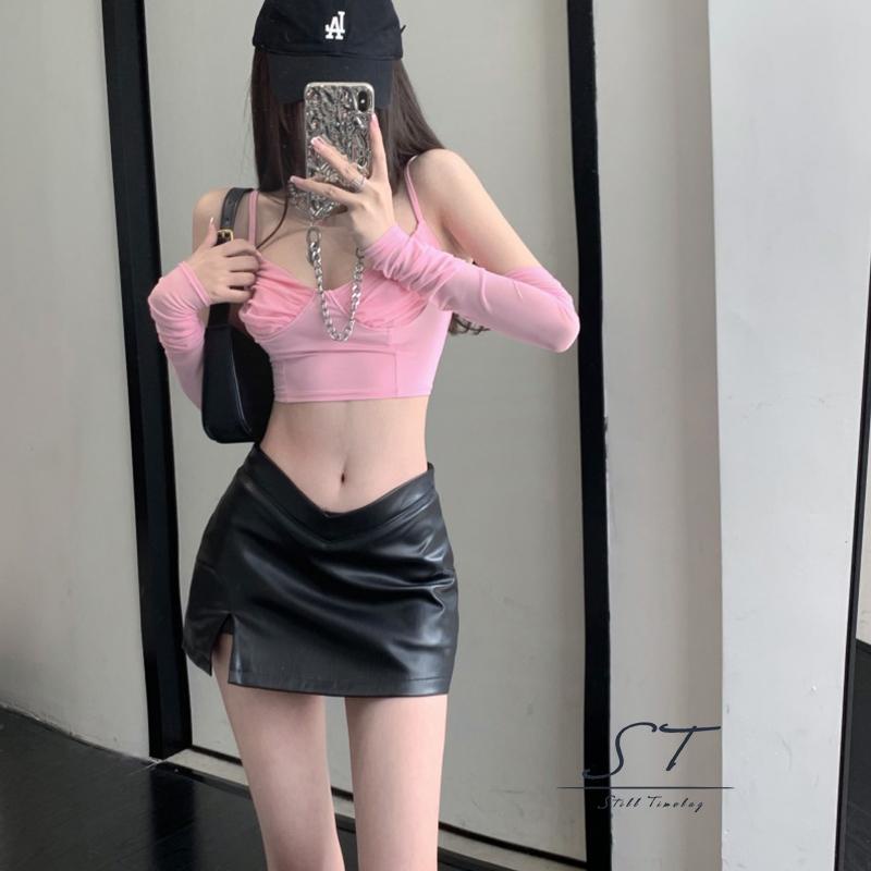 Chân Váy Da PU CY03 Dáng Ôm Lưng Thấp Màu Trơn Thời Trang Dự Tiệc Cho Nữ