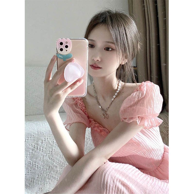 Đầm Công Chúa Tay Phồng Màu Hồng Ngọt Ngào Phong Cách Pháp Thời Trang Mùa Hè Cho Nữ