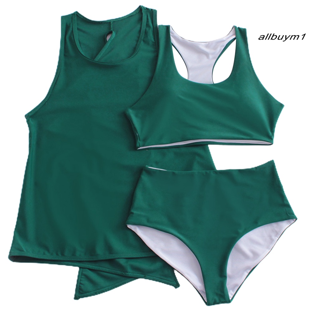 Bộ Đồ Bơi 3 Món Gồm Áo Ba Lỗ Cổ Tròn Màu Trơn Chống Nắng Và Quần Bơi Thoáng Khí Cho Nữ