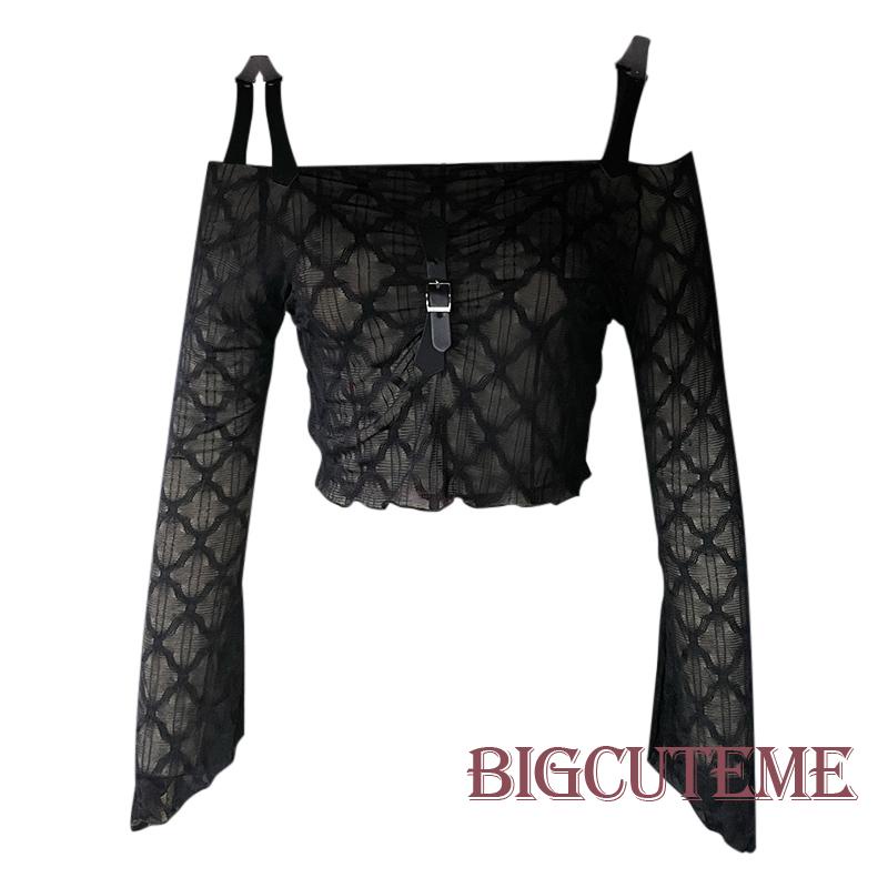 [] - Áo Thun Crop Top Tay Dài Phối Lưới Mỏng Xuyên Thấu Có Khóa Cài Phía Trước