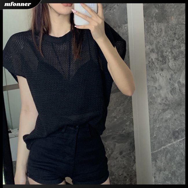 Áo Thun Dệt Kim Tay Ngắn Dáng Rộng Thời Trang Quyến Rũ Cho Nữ