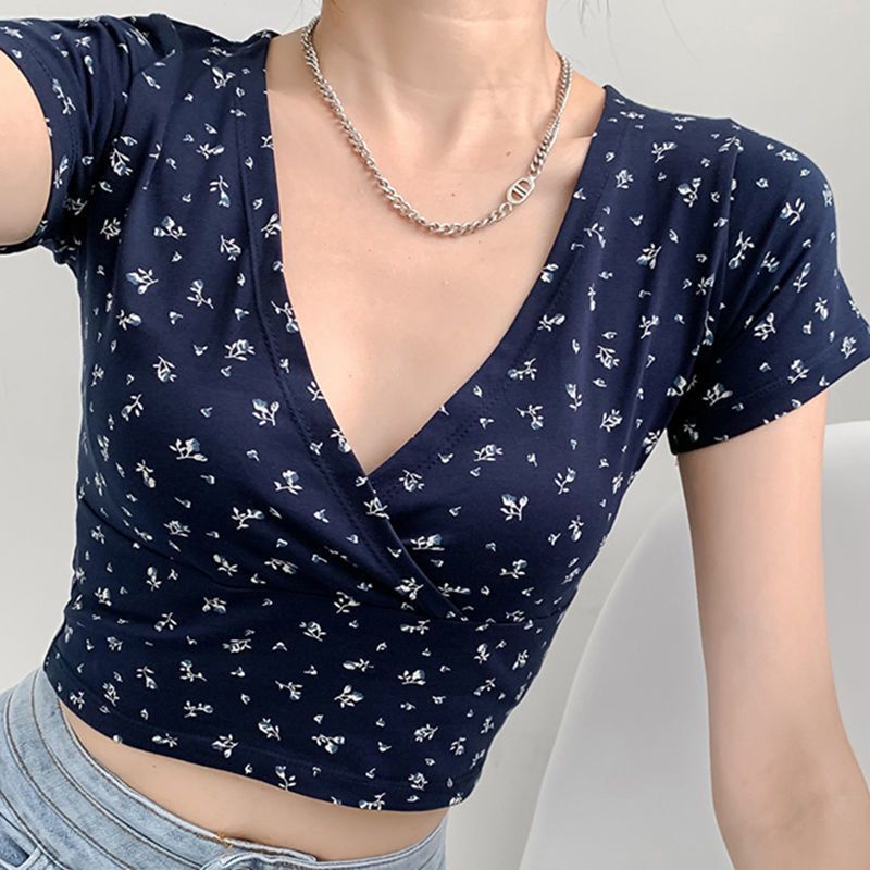 Áo Croptop Tay Ngắn Cổ Chữ V In Hoa Phong Cách Retro