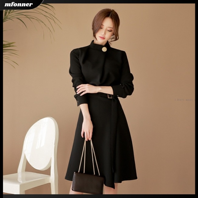 Đầm Midi Tay Dài Cổ Tròn Màu Trơn Cài Nút Thời Trang Cho Nữ