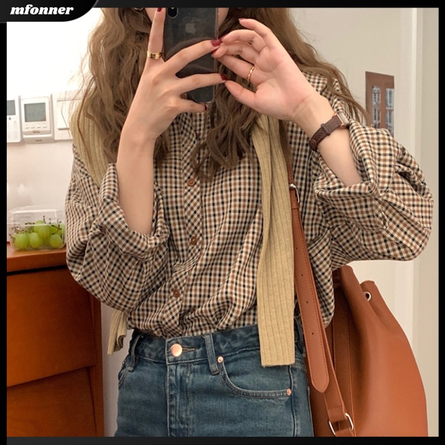 Áo Sơ Mi Dài Tay Dáng Rộng Hoa Văn Kẻ Ô Phong Cách Retro Dành Cho Nữ