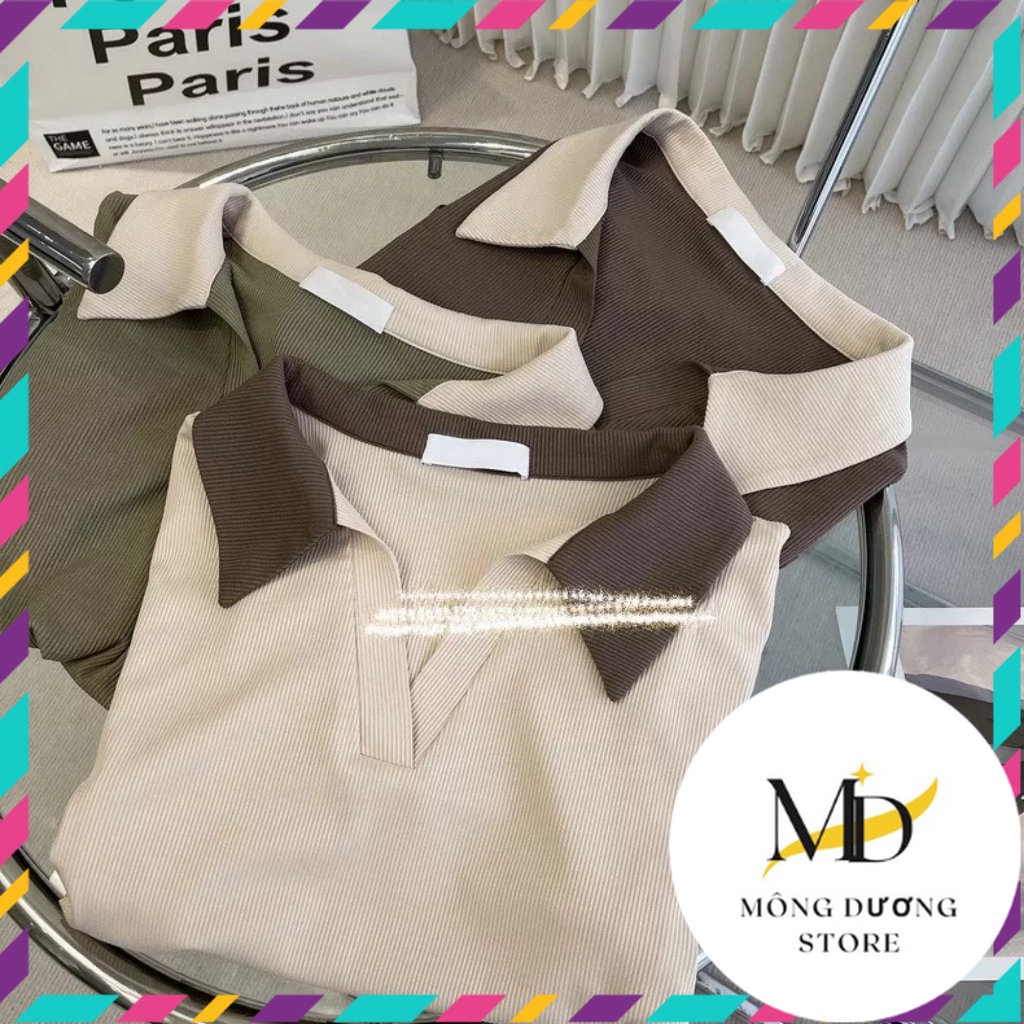 Áo Croptop Polo Nữ Cổ V Phối Màu Vạt Bầu [Mông Dương Store]